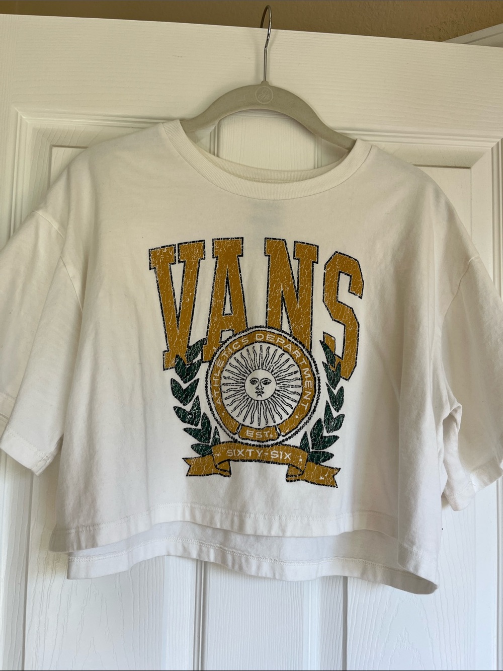 Vans White Cropped Tee with Yellow and Green Crest Graphic
